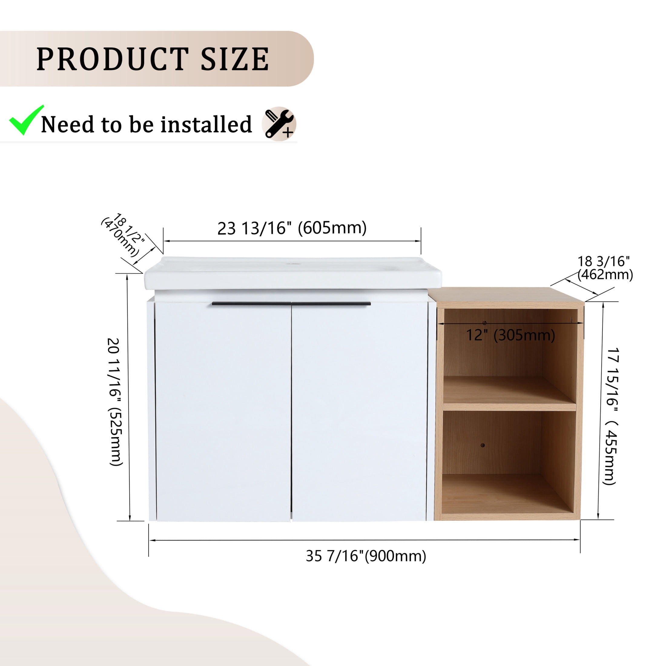 Noble House 36" Wall-Mounted Bathroom Vanity with Ceramic Sink, Soft-Close Doors, Small Storage Shelves, White
