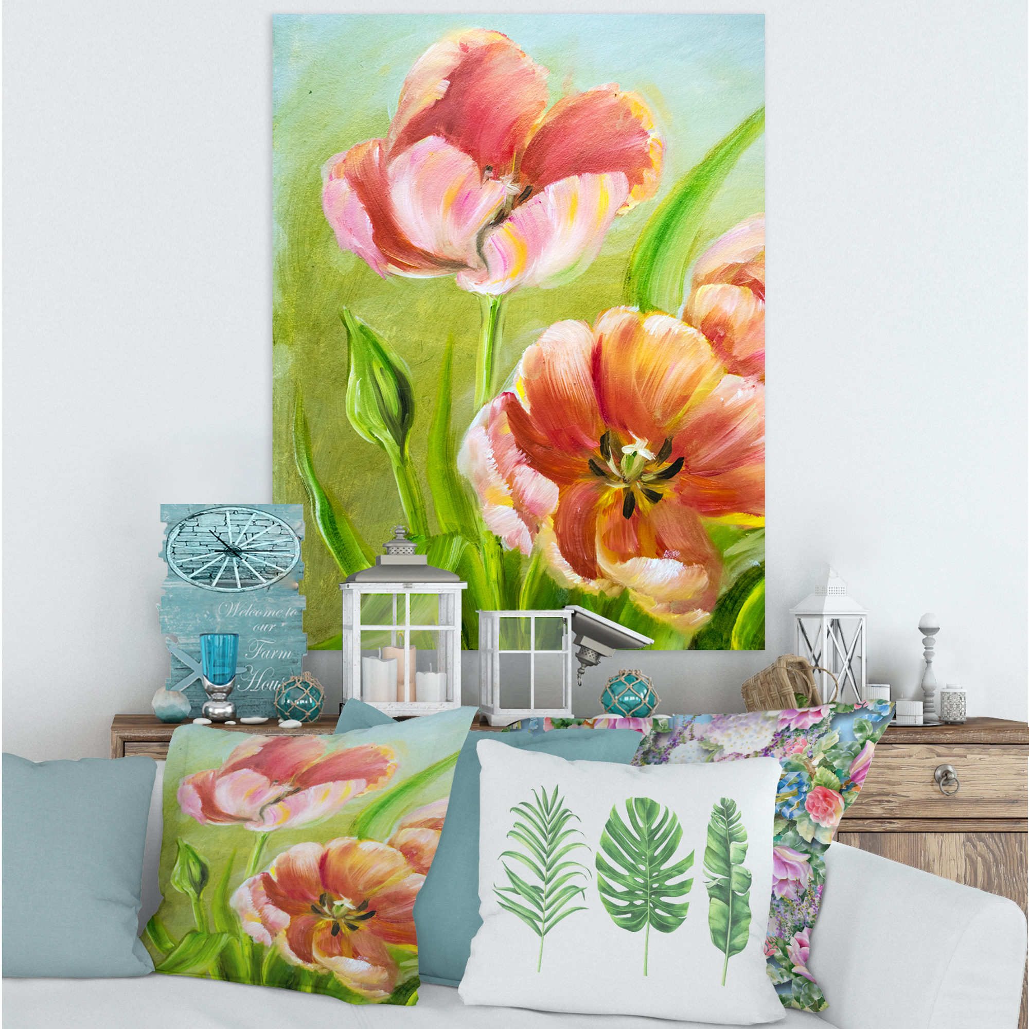 Designart ' Ancient Red Tulips Flowers III ' Traditional Canvas Wall Art Print