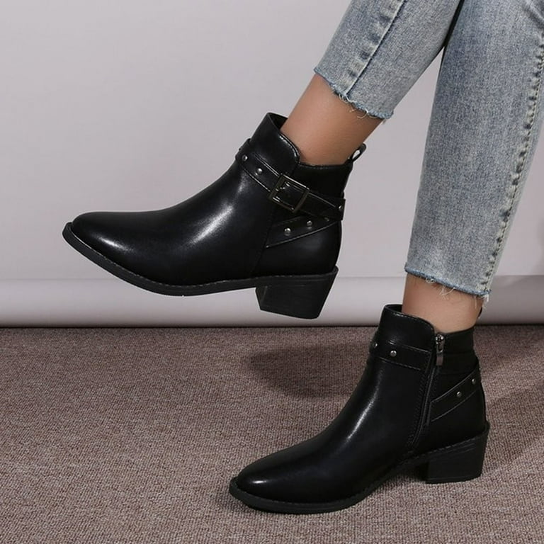 hopeusnice Women's Ankle Boots Buckle Low Heel Pointed Toe Faux Leather Short Boots Block Heel Zipper Comfortable Shoes Black 36, Size: 36 US 5.5
