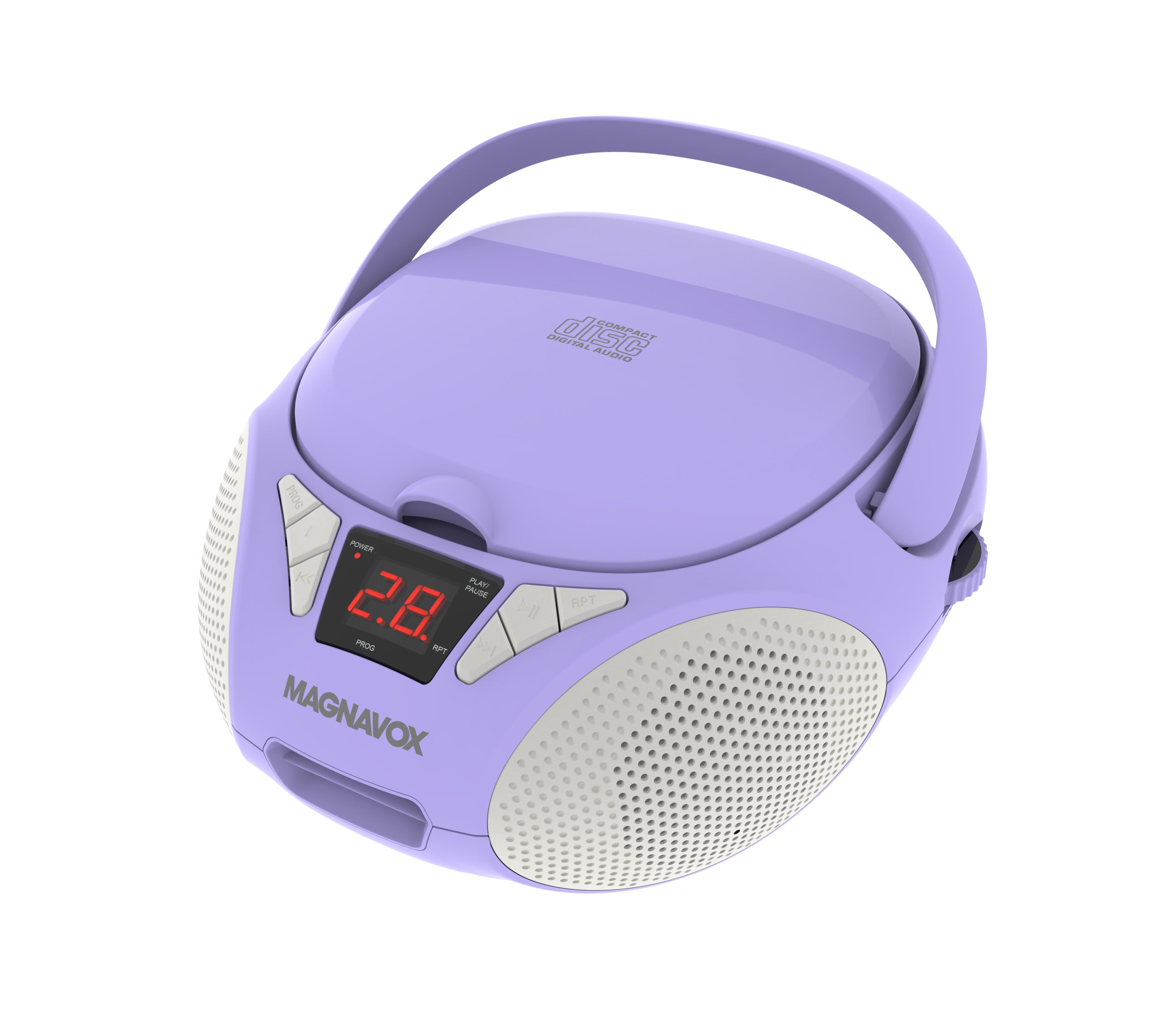 Magnavox Portable CD Boombox with FM Stereo Radio, Top-Loading CD Player, AUX Input, LED Display, AC/DC Power, Battery Operated Boombox, Purple