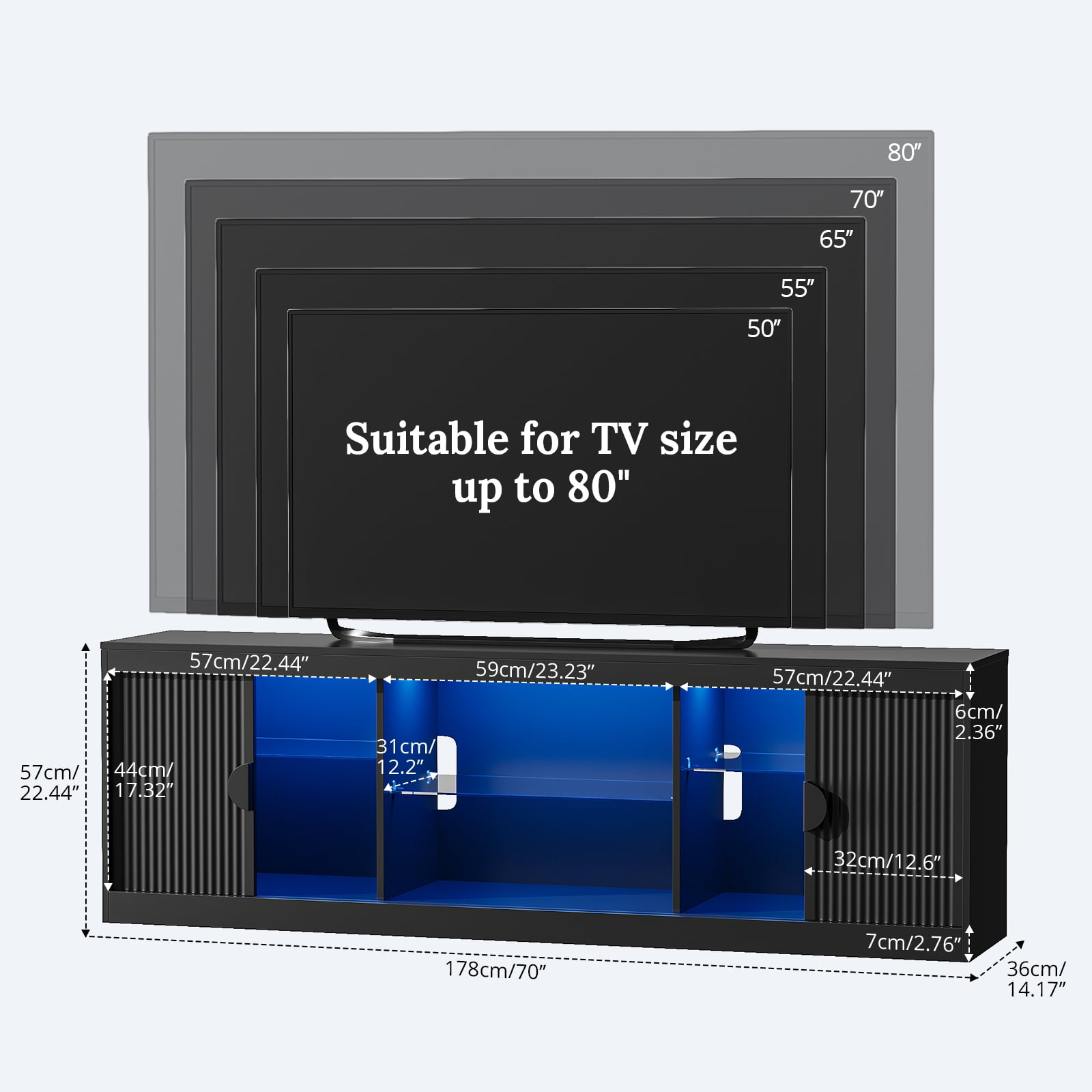 Holliwill 70" TV Stand for TVs up to 80" with LED Lights, Fluted Modern Entertainment Center TV Console with Sliding Door for Living Room, Black