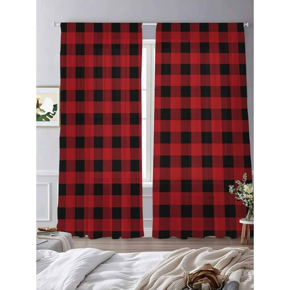 Rustic Red Sheer Curtains 84 inches Long 2 Panels Set and Black Buffalo Plaid Tiers Sheers Rod Pocket Small Window Short Curtains for Kitchen Cafe, Each 52" W x 84" L