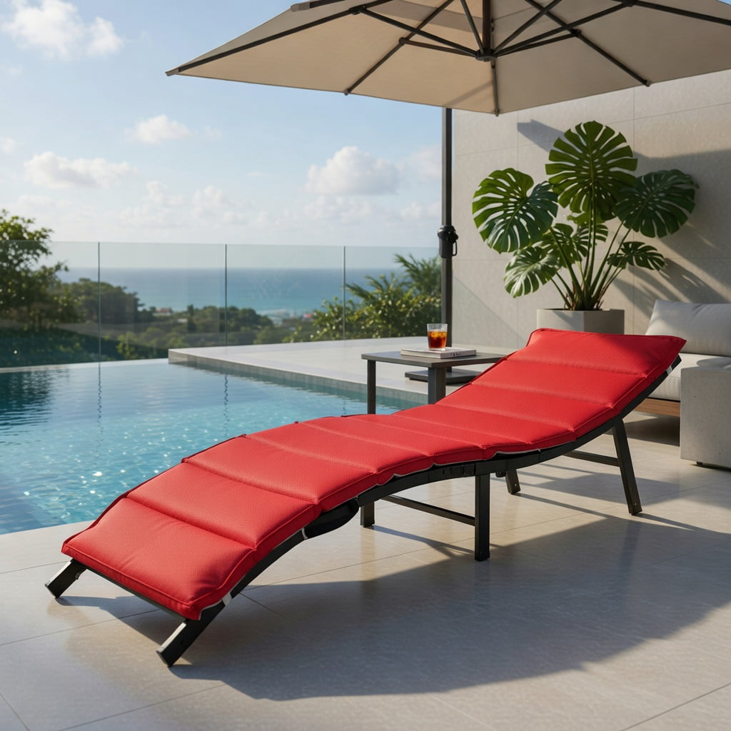 Hommoo 2-Pack Foldable Outdoor Chaise Lounge Chairs with Cushions, PE Rattan & Steel Frame, Poolside Patio Beach Loungers, Red