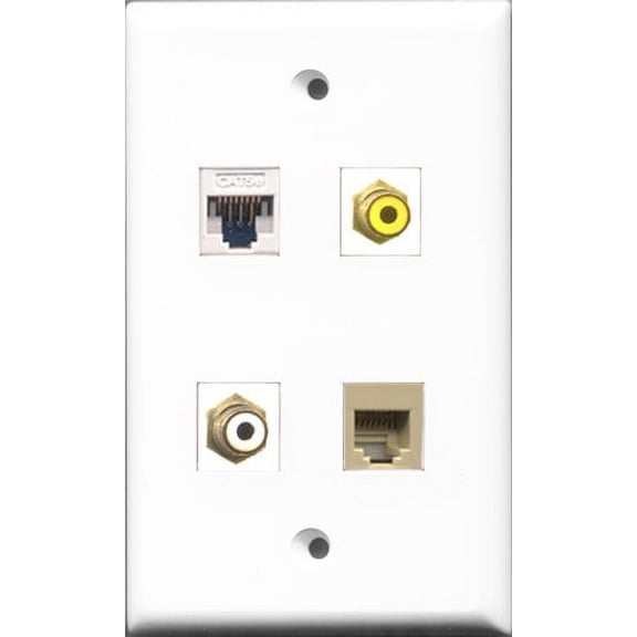 RiteAV 1 Port RCA White and 1 Port RCA Yellow and 1 Port Phone RJ11 RJ12 Beige and 1 Port Cat5e Ethernet White Wall Plate