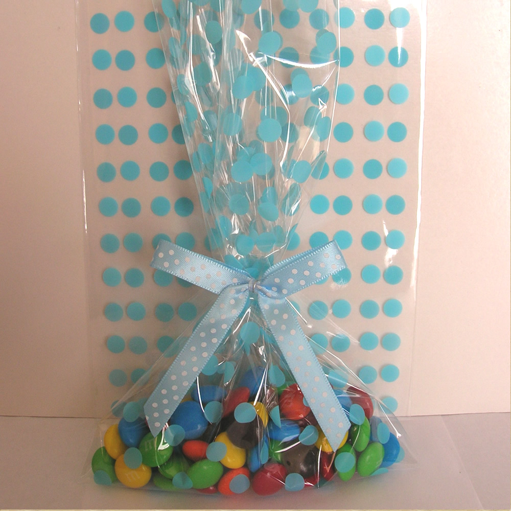 Bags and Bows 25pcs 5"x8" Blue Polka Dot Bags and Ribbon Bows for Boy