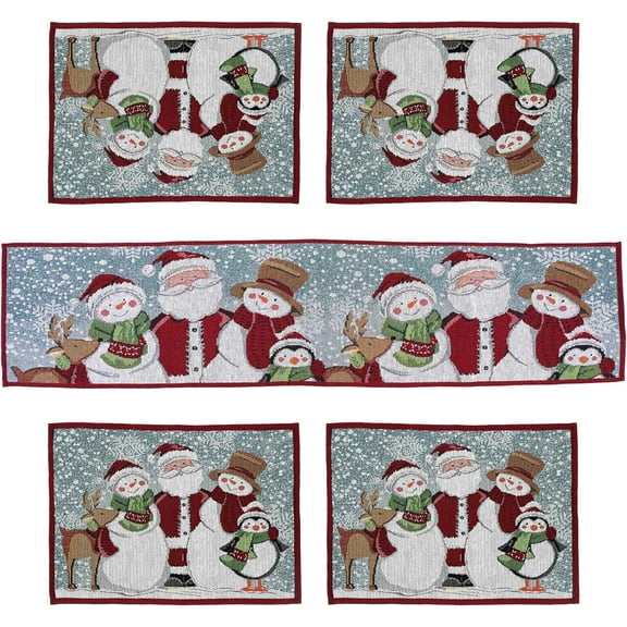 5 Piece Christmas Holiday Table Runner & Placemats, Whimsical Winter Xmas Holiday Kitchen Dining Table Decoration for Indoor Outdoor Home Party Decor