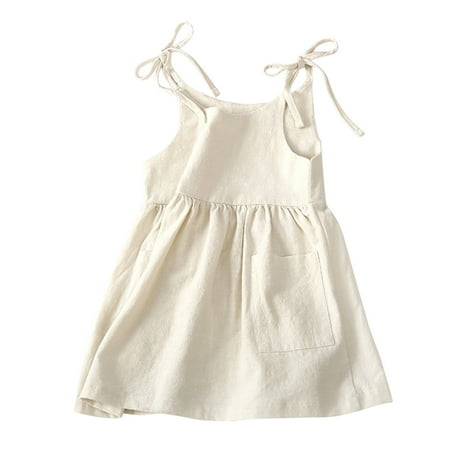 

Zlekejiko Toddler Kids Girls Soild Cotton Linen Pockets Sleeveless Beach Straps Dress Princess Clothes
