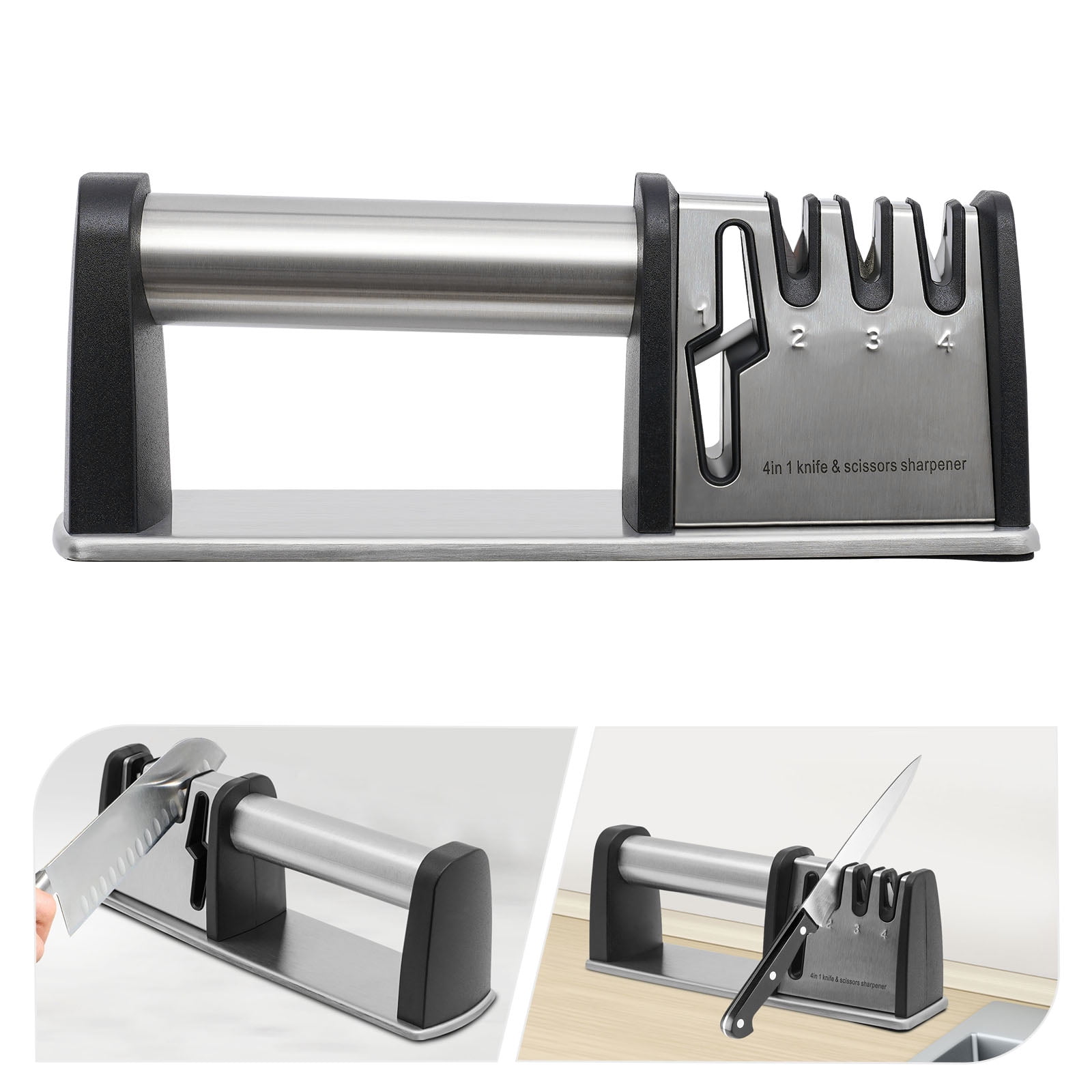 Knife Sharpeners, 4-Stage Kitchen Knives and Scissors Sharpening Tools, Professional Chef's Kitchen Knife Accessories to Repair Grind Polish Blade, Manual Kitchen Knife Sharpener(Silver）