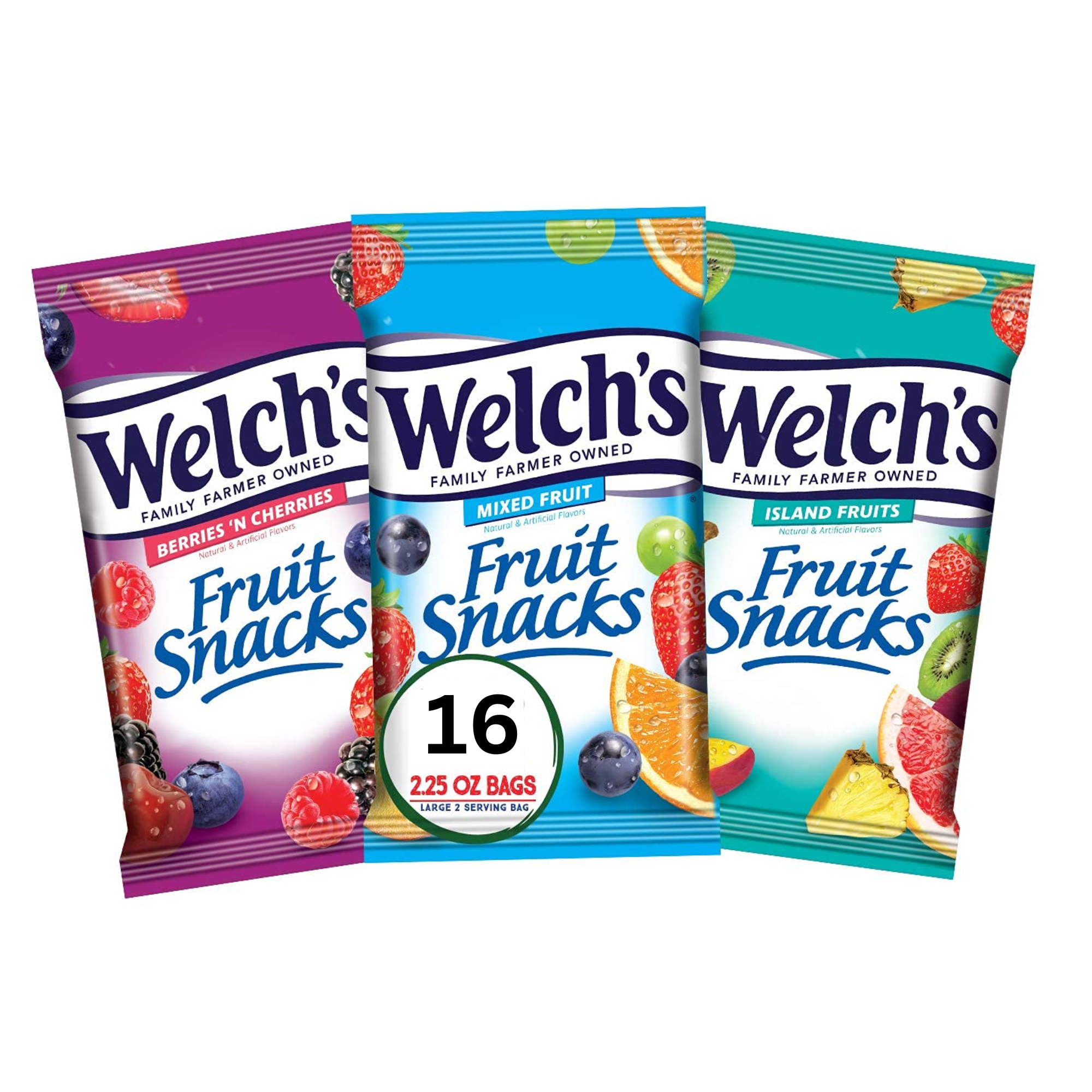 Welch's Fruit Snacks, Bulk Variety Pack with Mixed Fruit, Island Fruit and Berries and Cherries 2.25 Oz. (Pack of 16)