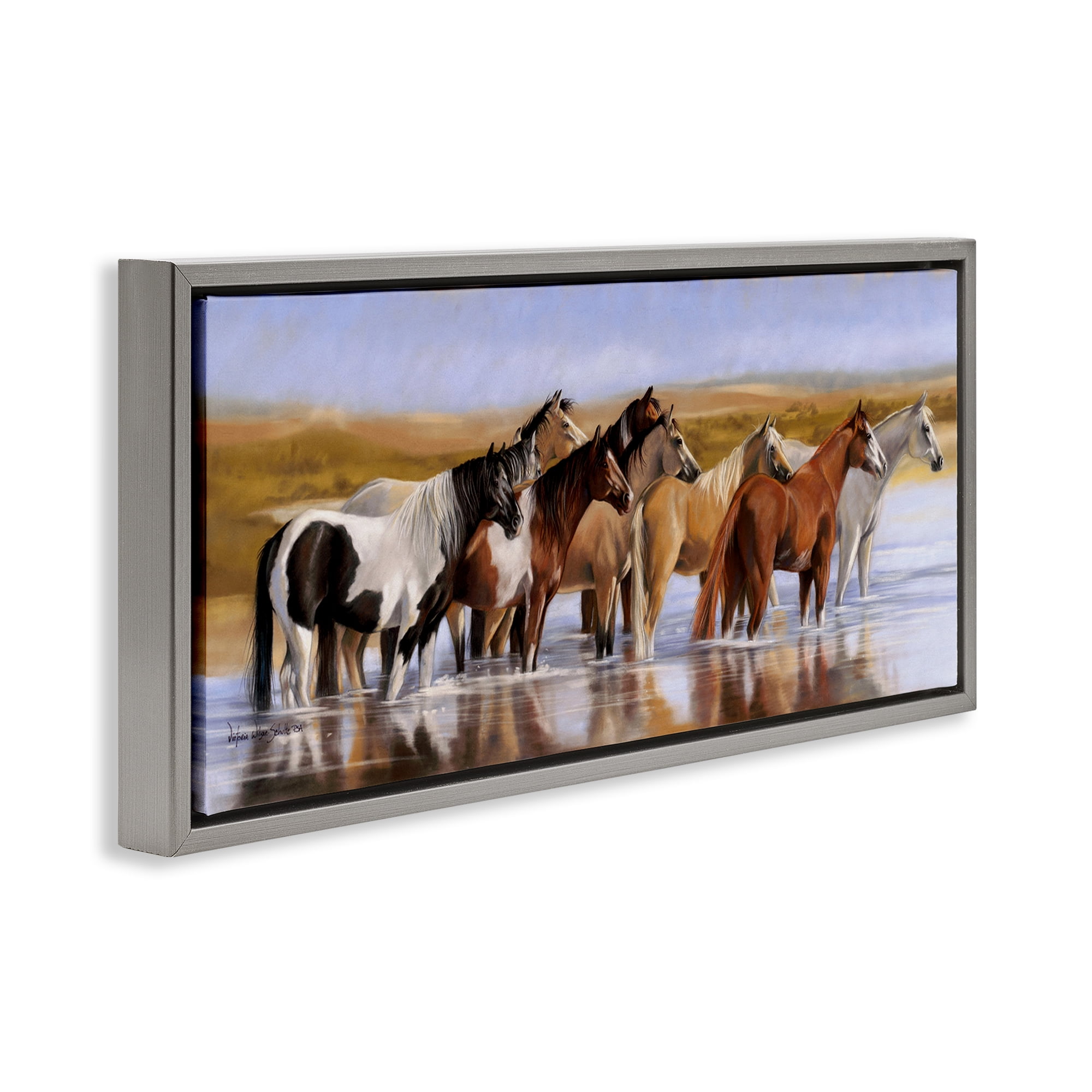 Stupell Industries Horse Herd in River Animals & Insects Painting Gray Floater Framed Canvas Art Print Wall Art, 25 x 11
