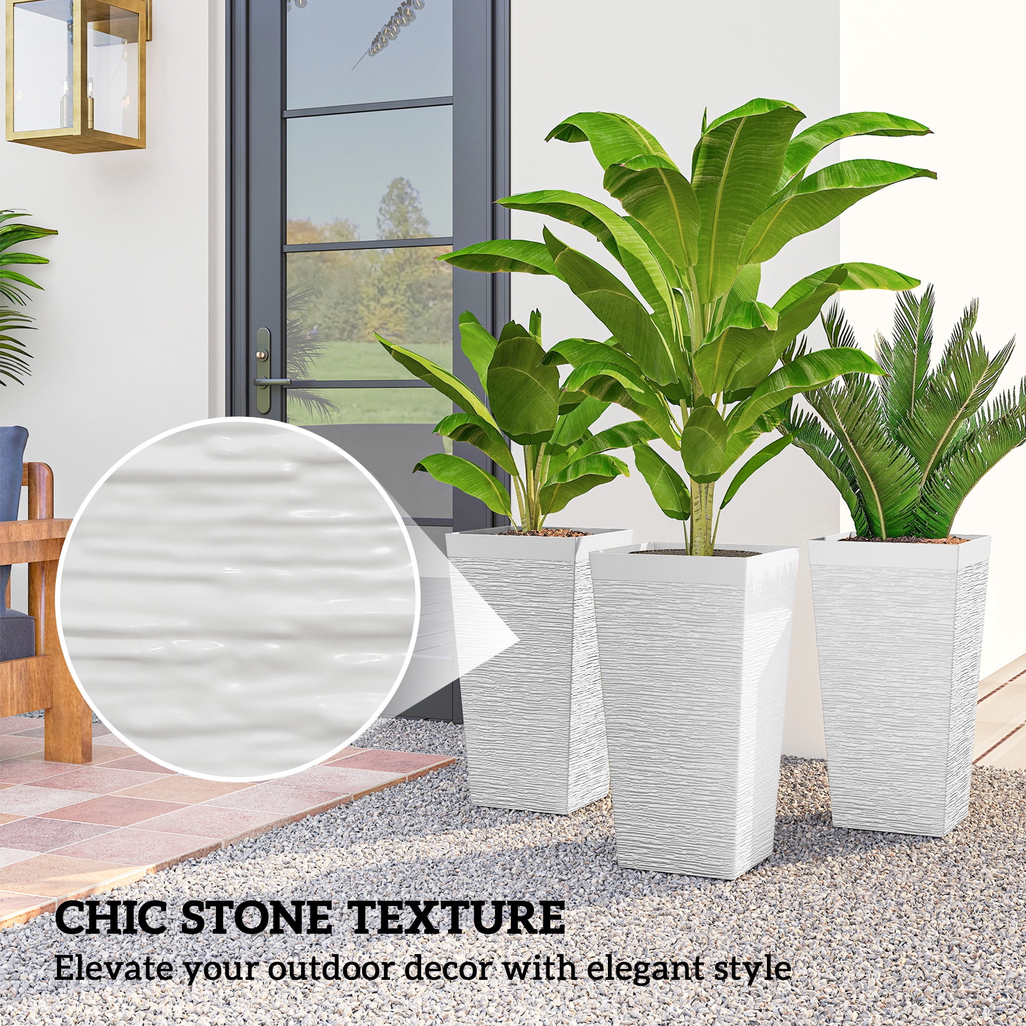 Outsunny 22.8 Inch Outdoor Planters, Set of 3 Plastic Flower Pots with Stone Finish and Wheels, Stackable Tapered Planters with Drainage Hole, White