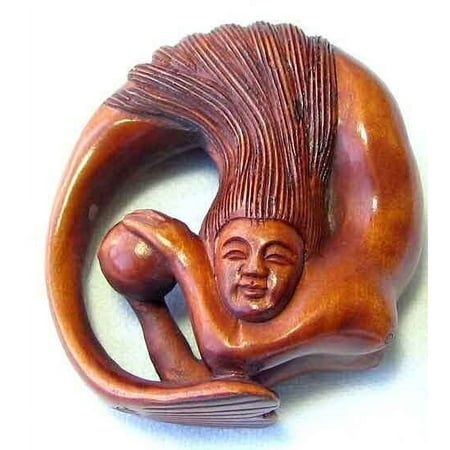 Mermaid Hand Carved Signed Boxwood Carving | 42x36.5x15mm | Brown | 1 Beads