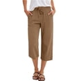 thumbnail image 2 of HKYNLAG Womens Capri Pants Cotton Linen Drawstring Elastic Waisted Casual Cropped Trousers with Pockets Brown L, 2 of 6