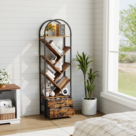 Arched Tree-Shaped Bookshelf with 2 Drawers 6-Tier Rustic Wood Storage Organizer Freestanding Bookcase for Bedroom Living Room Home Office