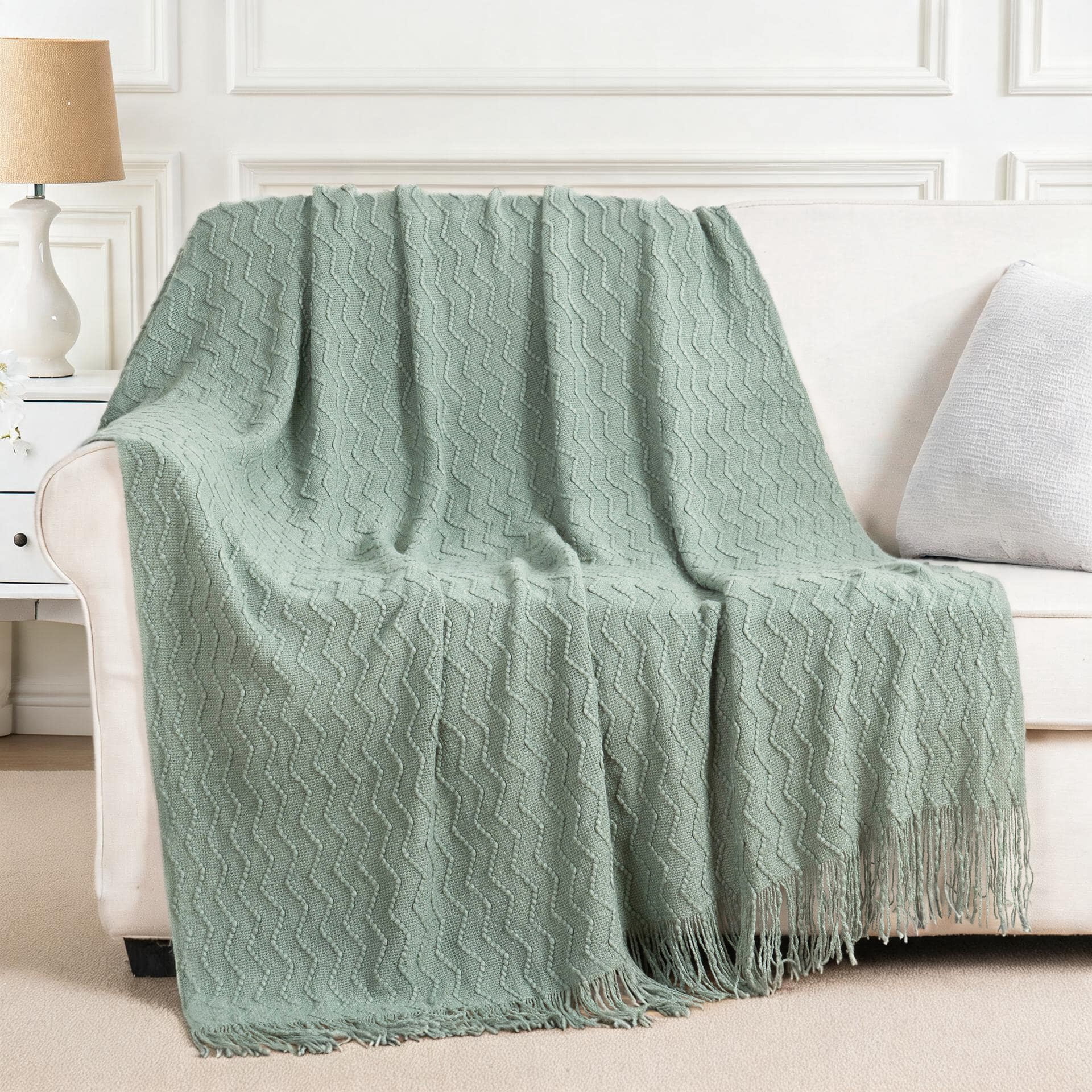 Battilo Sage Green Throw Blanket for Couch,Knitted Boho Sage Throws,Green Blanket for Spring,50"x60"