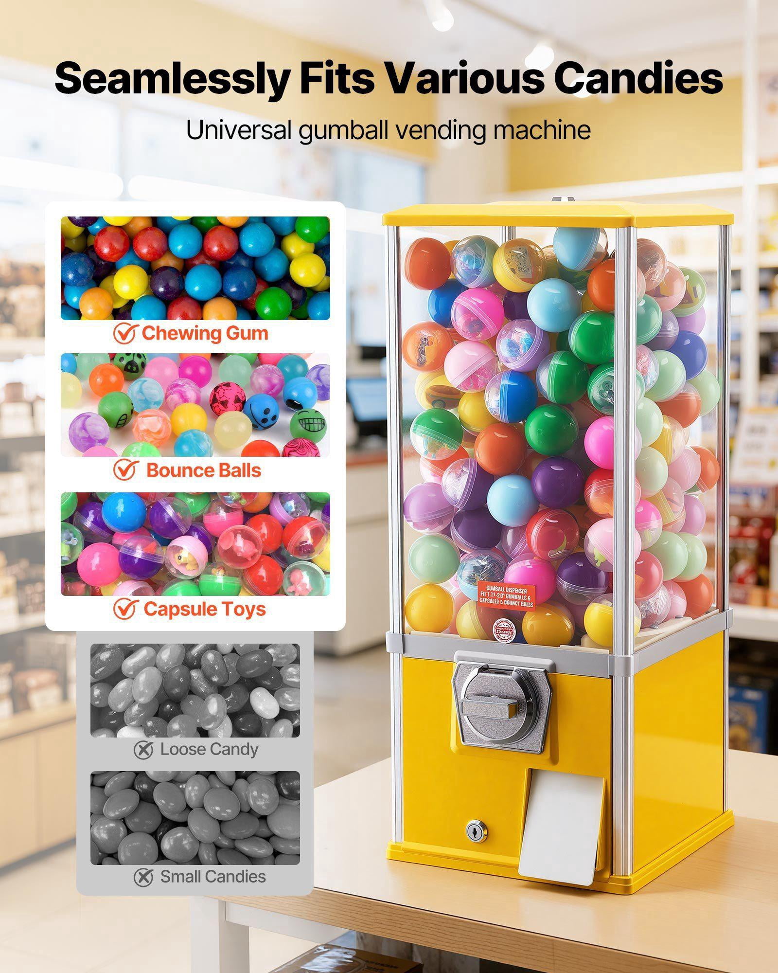 25 Inch Gumball Machine Candy Vending Dispenser Holds 230 1.77 Inch Candies for Malls Supermarkets Amusement Parks Arcades