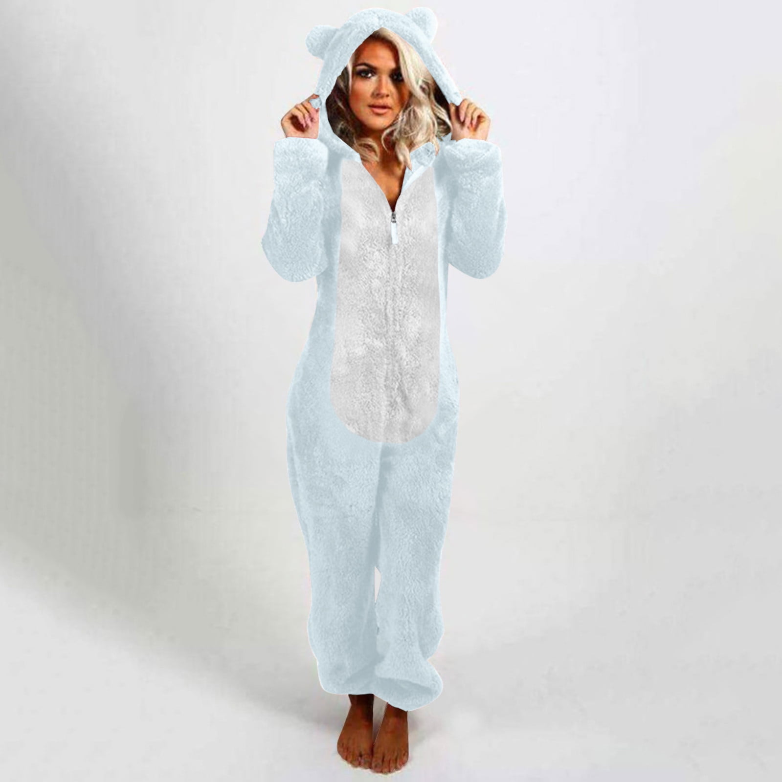 Lovskoo Womens Fluffy Hooded Jumpsuit Fuzzy Pajamas Long Sleeve Cute Ear One Piece Onesie Winter Warm Rompers Sleepwear Light Blue