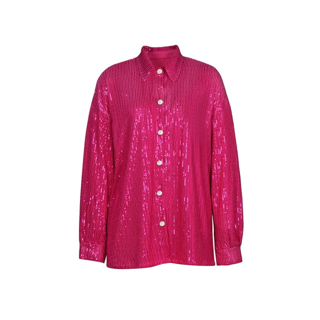 Sunloudy Women Button Down Shirts, Sequin Long Sleeve Solid Color Oversized Lapel Single-breasted Tops