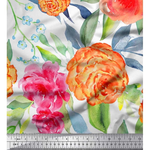 Soimoi White Poly Georgette Fabric Leaves,Peach & Pink Floral Fabric Prints by Yard 42 Inch Wide