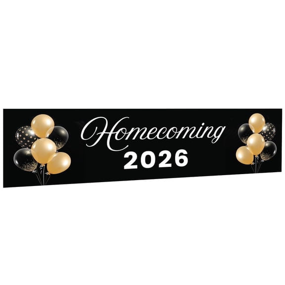 Homecoming Dance Banner 20XX with Balloon Design, Black & Gold HOCO Sign Banner with Adhesive Dots