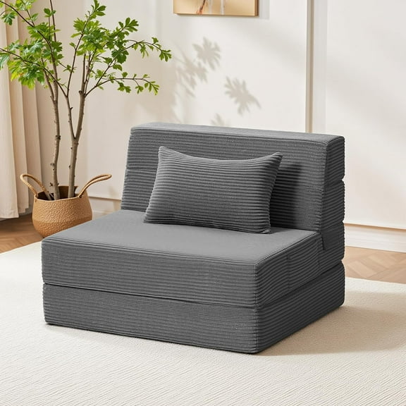 Folding Sofa Bed Convertible Sleeper Chair with Pillow, 4-in-1 Foldable Mattress Futon Couch Bed to Lounge Chair for Living Room, Bedroom, Dorm & Guest, Washable Cover, Dark Gray, Single