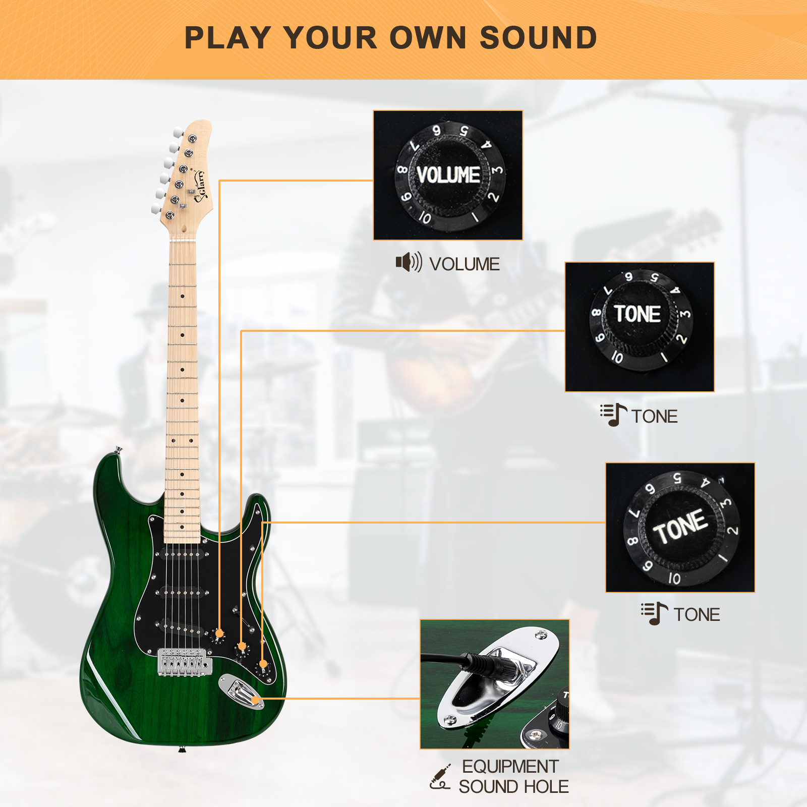 GLARRY Full Size Maple Electric Guitar with Amp and Case Beginner Green