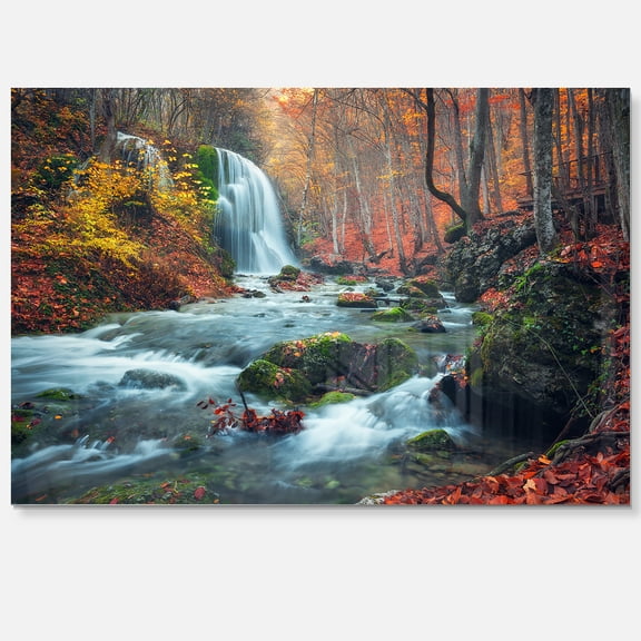 Designart 'Autumn Mountain Waterfall Long View' Metal Wall Art
