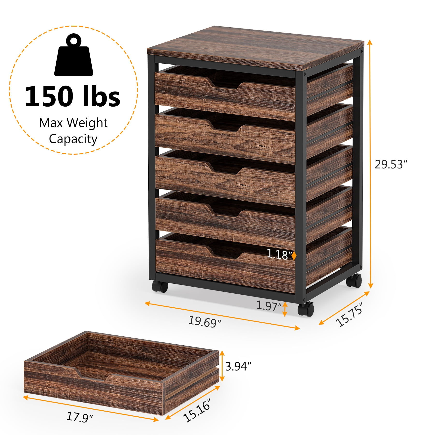 Tribesigns Industrial 5-Drawer Dresser for Bedroom, Small Portable Chest of Drawers with Wheels and Metal Frame for Living Room, Rustic Brown