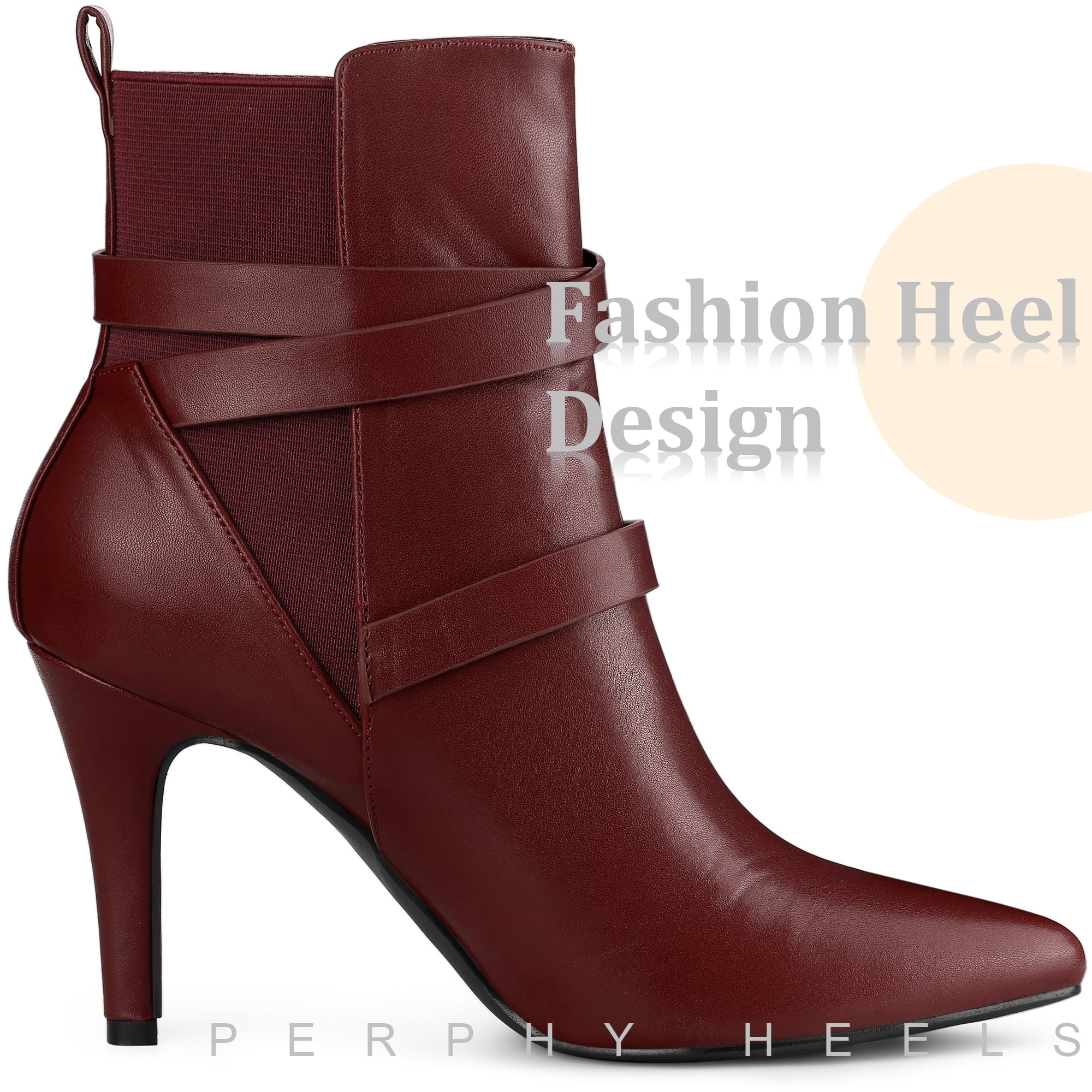 Unique Bargains Pointy Toe Elastic Cross Straps Stiletto Heel Ankle Boot for Women Burgundy 11
