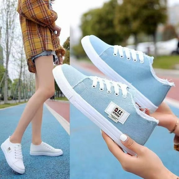 Women's Casual Canvas Shoes Solid Color, Round Toe, Flat, Blue