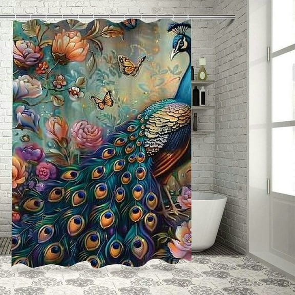 Autua Peacock Flowers Butterflies Chic Modern Bathroom Decor Shower Curtain Set with Hooks 36"x72