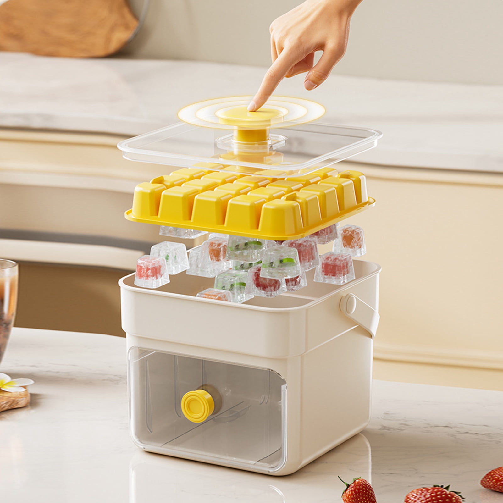 Compact Ice Cube Tray with Lid and Bin, Mini Press-Type Ice Maker for Freezer, Space-Saving Small Ice Bucket with Tongs for RV, Office, Mini Fridge & Water Bottles, BPA-Free