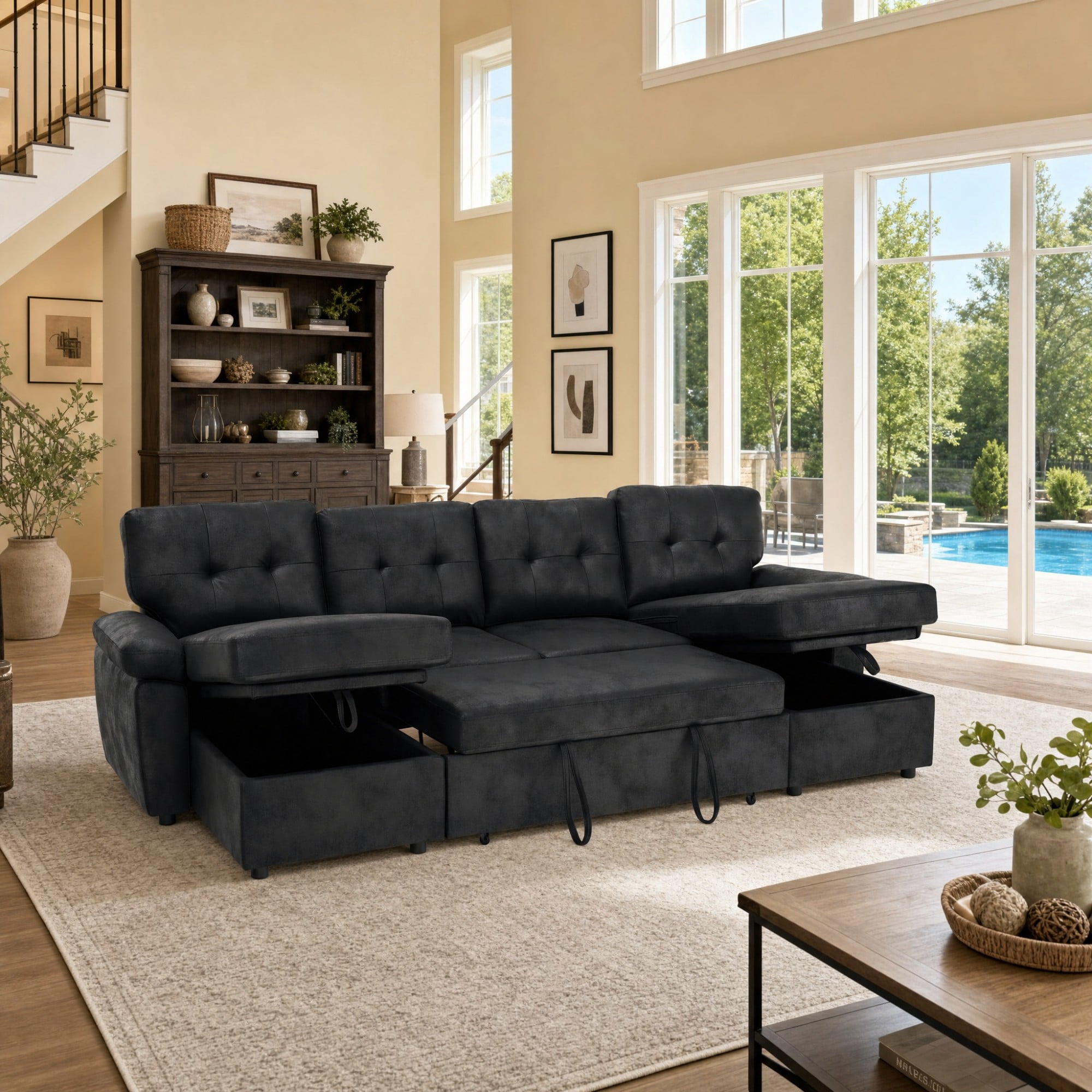 BSHTI 112" Polyester Fabric U-Shaped Sectional Sleeper Sofa Bed with Pull-Out Bed,Tufted Back Cushions and Storage Chaise for Living Room(Black)