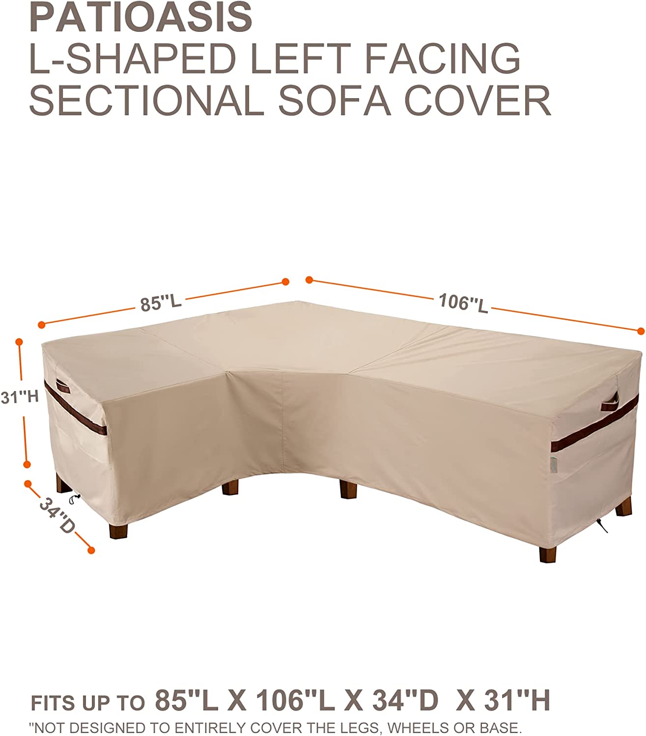 L Shaped Sectional Sofa 85''L x 106''L x 34''D x 31''/26''H Cover Waterproof Patio Furniture Cover Sectional Couch Cover Left-Facing Windproof, Waterproof, UV-Resistant
