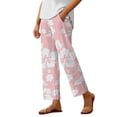 thumbnail image 2 of Boho Beach Pants for Women Casual Floral Print Elastic Waist Wide Straight Leg Loose Linen Cropped Pants with Pockets, 2 of 7