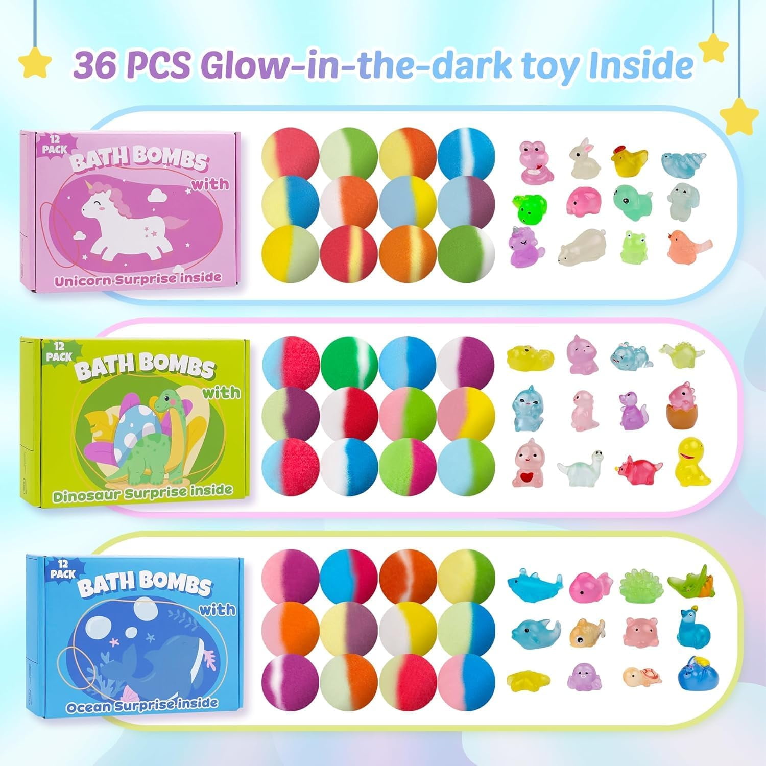 36Pcs Bath Bombs for Kids,  Bubble Bath Bombs with Glow in The Dark Dinosuar, Animal and Ocean Surprise Toy Inside, Organic Gift Set for Birthday-PickMora