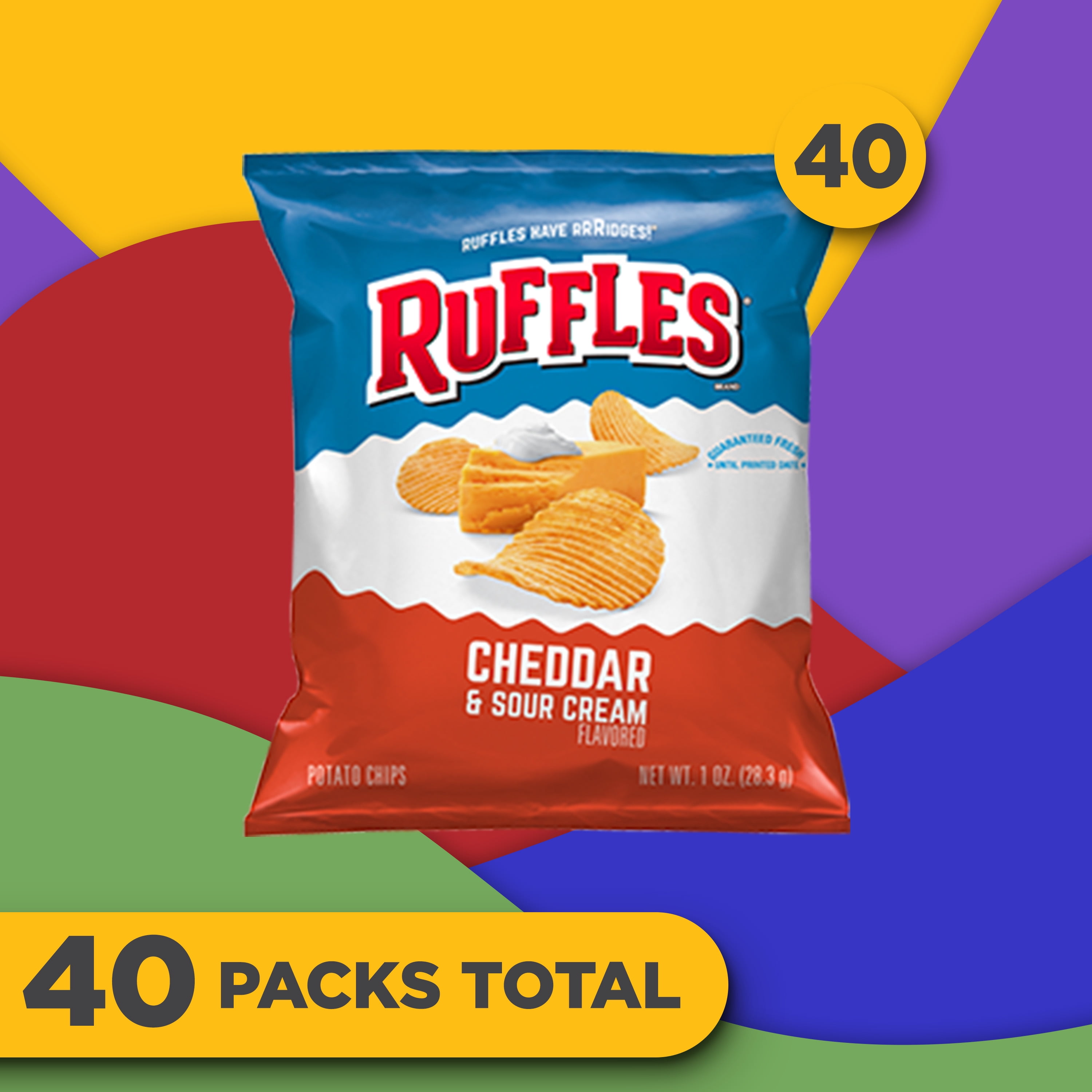 Ruffles Potato Chips, Cheddar & Sour Cream, 1 oz Bags, 40 Count
