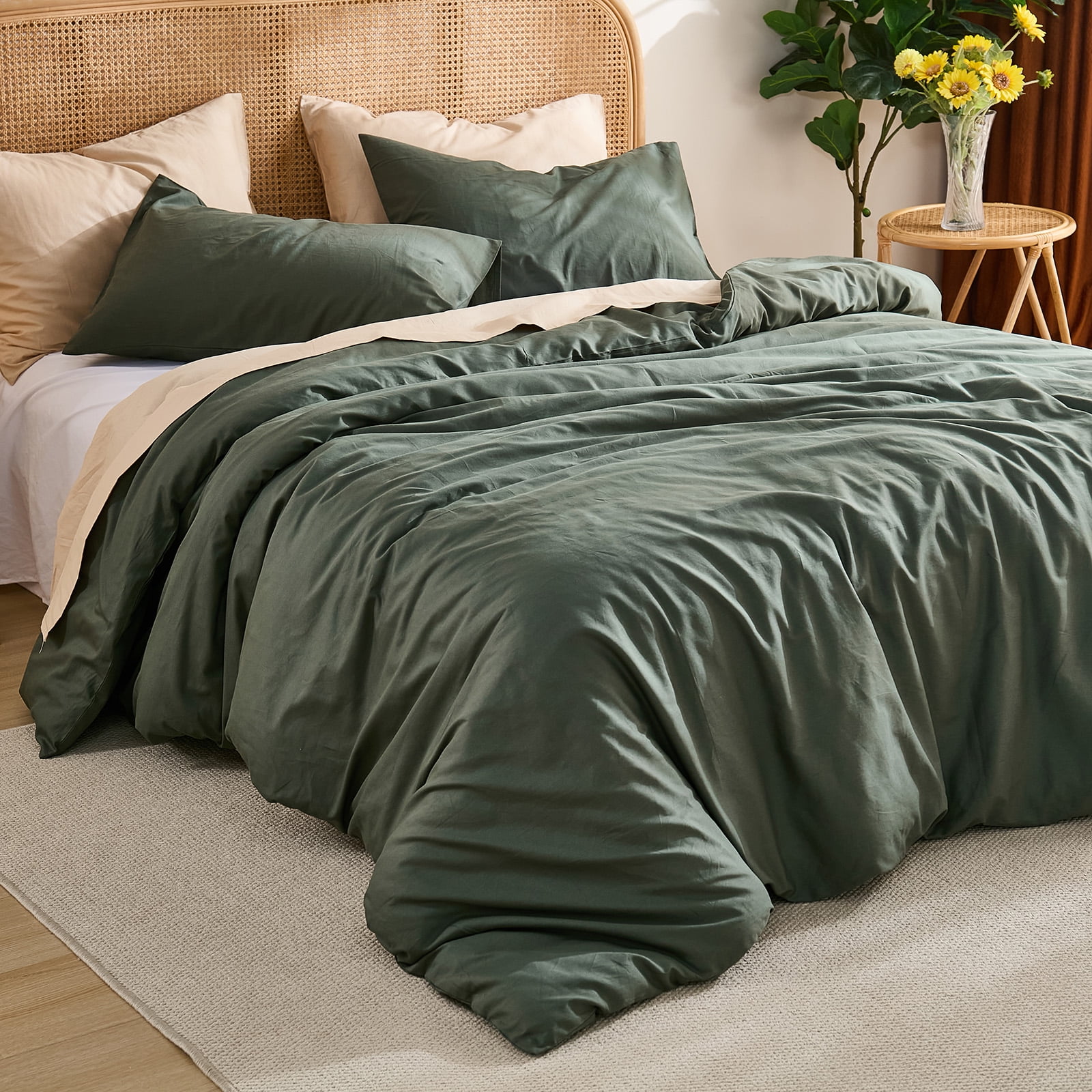 100% Washed Cotton Duvet Cover –Olive Green, Linen-Like Texture, Super Soft & Breathable Bedding Set, 3-Piece Durable Percale Comforter Cover