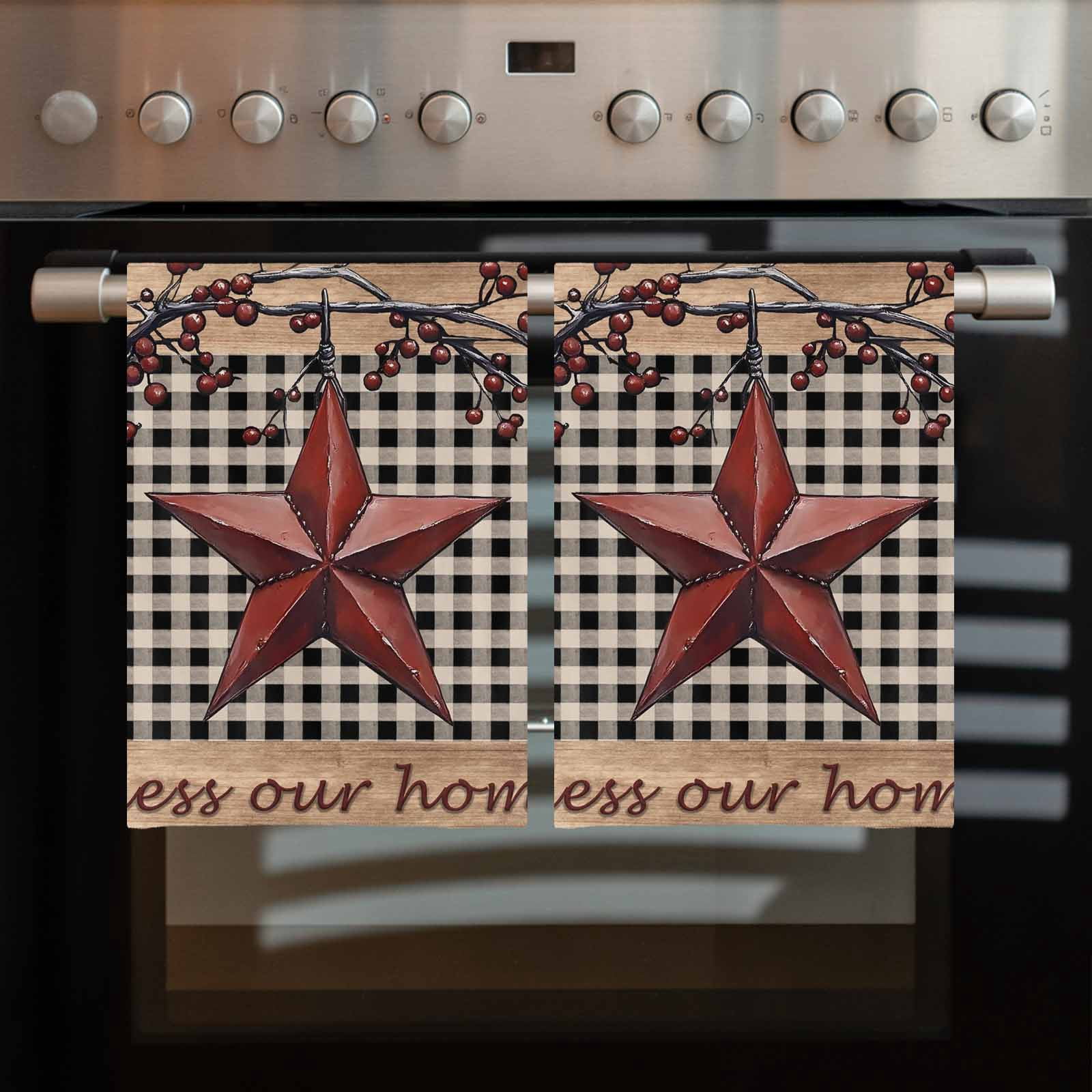 Texas Star Farmhouse Kitchen Towels Set of 4, Water Absorbent Dish Towel, Rustic Black Plaid Berry Wooden Decorative Hand Towels - Quick Drying Cloth for Cooking Baking, 18x28 Inch