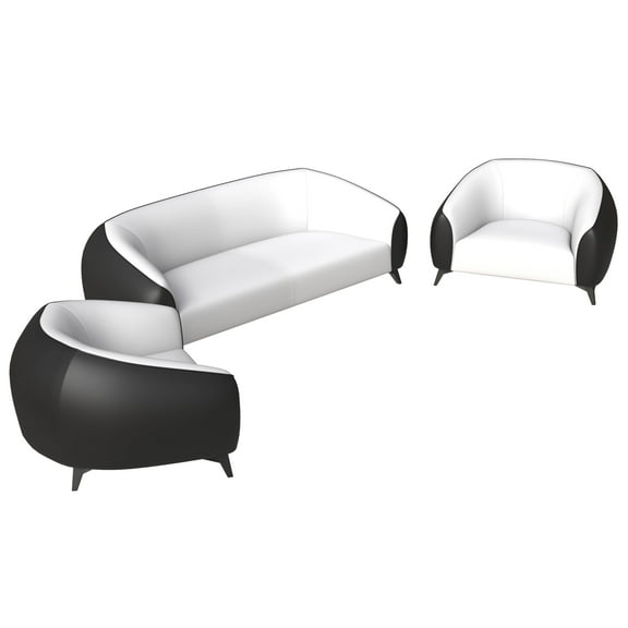 LeisureMod 3-Piece Sofa Set with 2 Single-Seater and a Three-Seater Couch Upholstered in Vegan Leather with Steel Legs Foam Filled Cushion for Modern Home Opula Series in Black/White