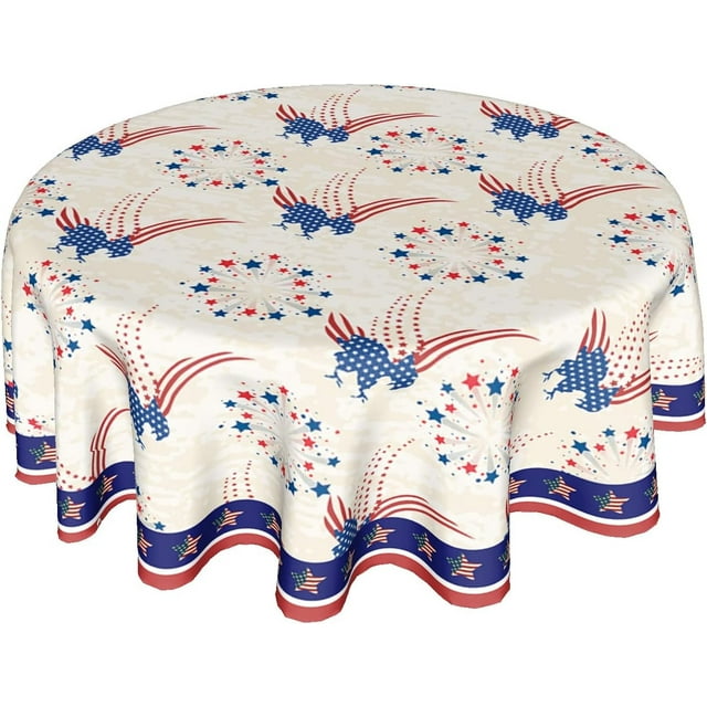 4th of July Tablecloth Round 60 Inch Patriotic American Flag Table Cloth Wrinkle Resistant Table Cover Memorial Day Independence Day Tablecloth Decorative for Home Kitchen Dining Indoor Party Picnic