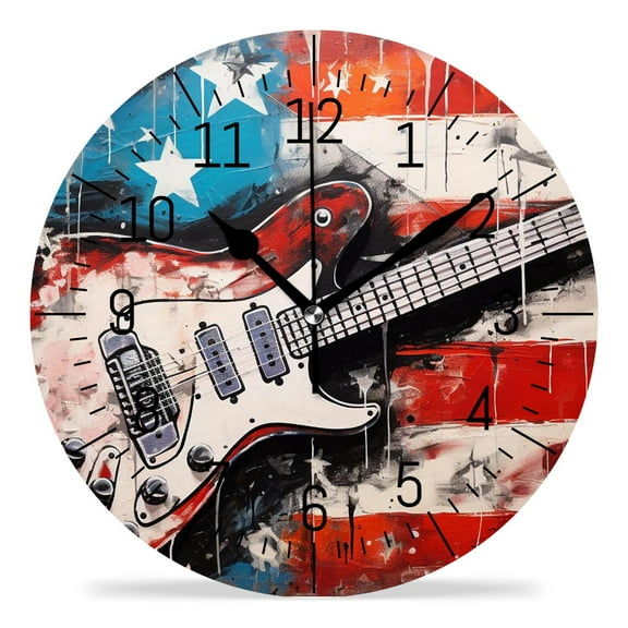 ATEDEANEI 12" Wall Clock Battery Operated Silent Non Ticking Electric Guitar Grunge Colorful Design