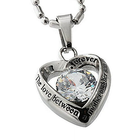 Stainless Steel Mother and Son Cz Heart Pendant Necklace