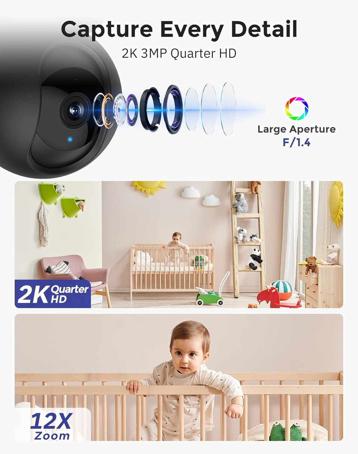 2K 3MP Indoor Pan/Tilt Security Camera with Auto-Focus,Ideal for Baby Monitor/Pet Camera/Home Security,Starlight Color Night Vision,Human/Pet AI,US Cloud,Compatible with Alexa