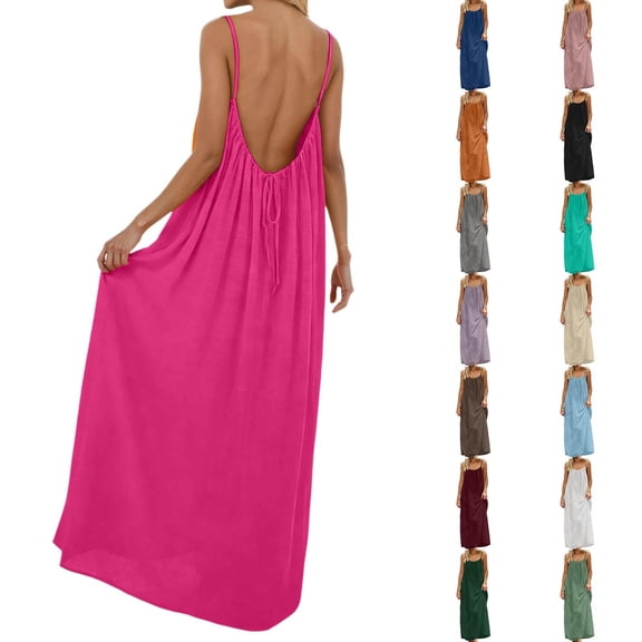 Aihuaihua Backless Dresses for Women, Summer Sleeveless Backless Cami Dresses Spaghetti Strap Flowy Dress Long Sundress Maxi Dress with Back Tie