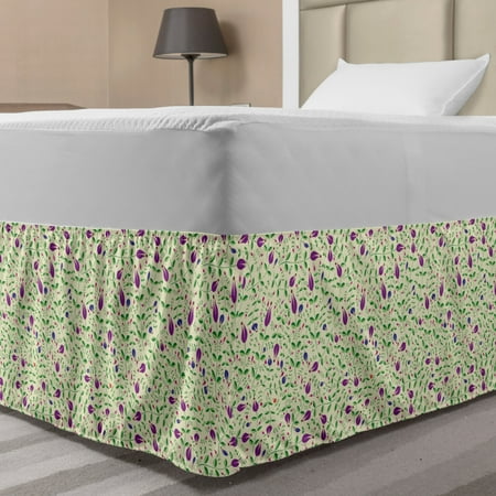 Floral Bed Skirt, Jumble Tulip Garden and Leaves Yard Flowering Botanical Flourish Pattern, Elastic Bedskirt Dust Ruffle Wrap Around for Bedding Decor, 4 Sizes, Purple Green and Cream, by Ambesonne
