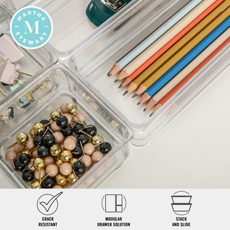 Martha Stewart - Miles Set of 6 Plastic Stacking Office Desk Drawer Organizers - Clear