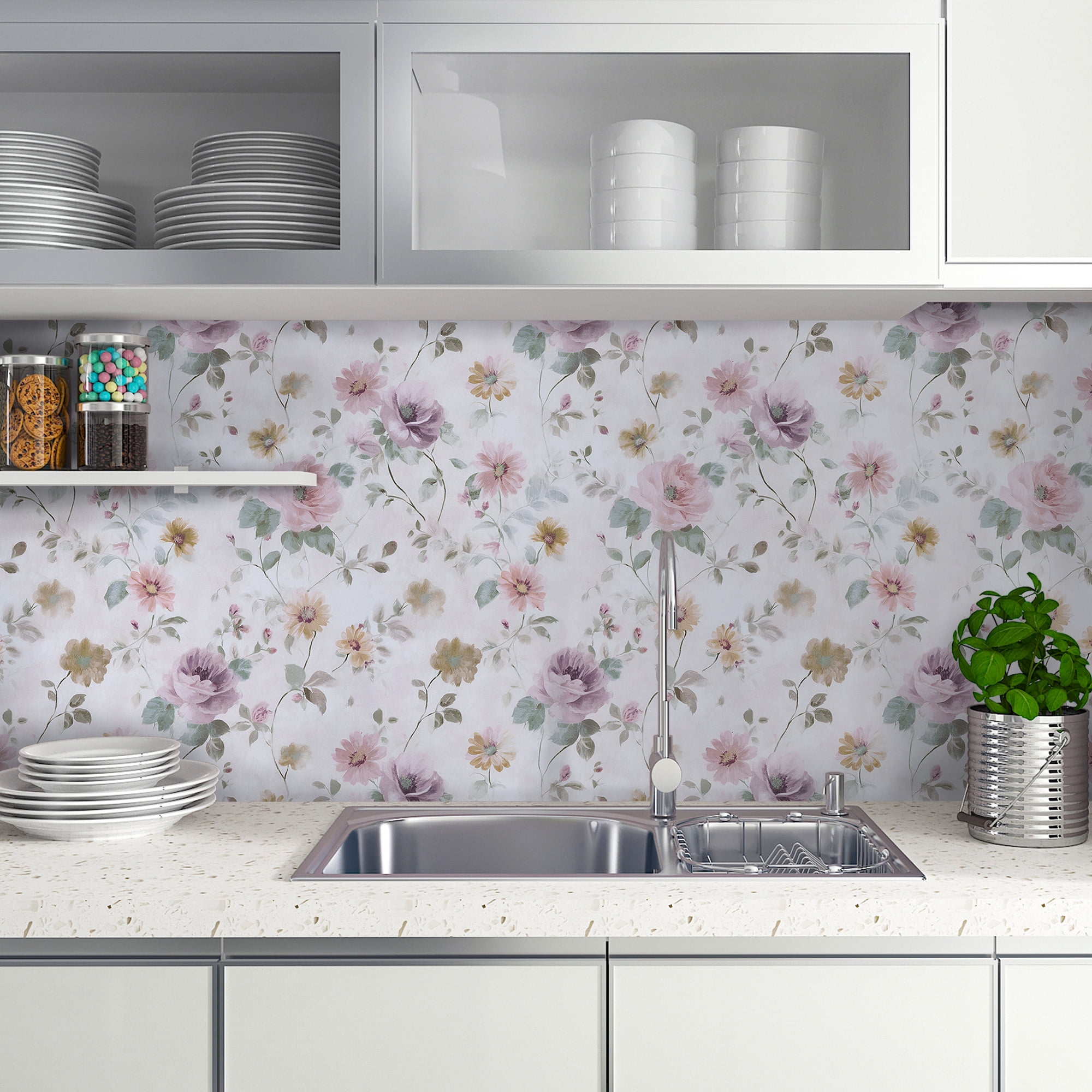 (2 pack) Abyssaly Floral Wallpaper Peel and Stick 17.3"×118" Vintage Watercolor Floral Self Adhesive Textured Wall Paper Contact Paper Home Decor Wall Covering Old Furniture Renovation