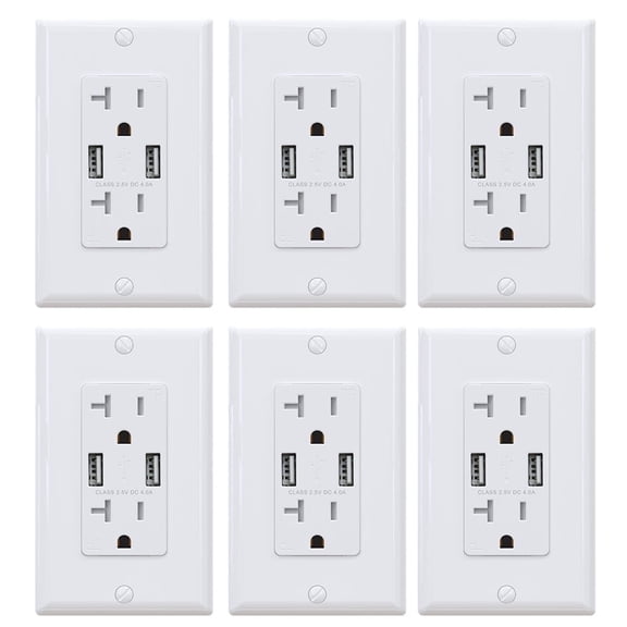ELEGRP 4.0 Amp Dual USB Outlets Receptacles with Type A port,20 Amp Duplex Tamper Resistant Electrical Outlet Wall Plate Included ,UL Listed,White (6-Pack)