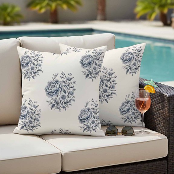 Rose Flower Outdoor Waterproof Throw Pillow Covers Set of 2, 16"x16", Garden Vintage Gray Floral Rustic Countryside Decorative Pillow Covers Outside Cushion Case for Patio Porch Garden